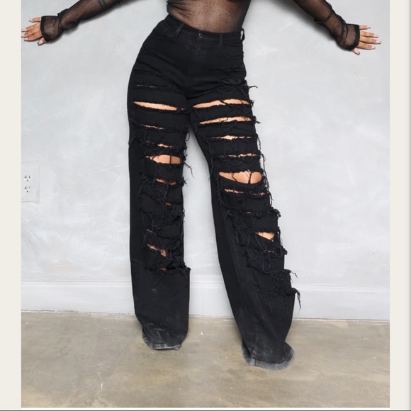 Black Distressed Wide Leg Jeans - Picture 1 of 1